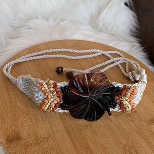 Tahiti Tropical Floral Lucite Beaded Braided Rope Macramé Boho Belt 42”